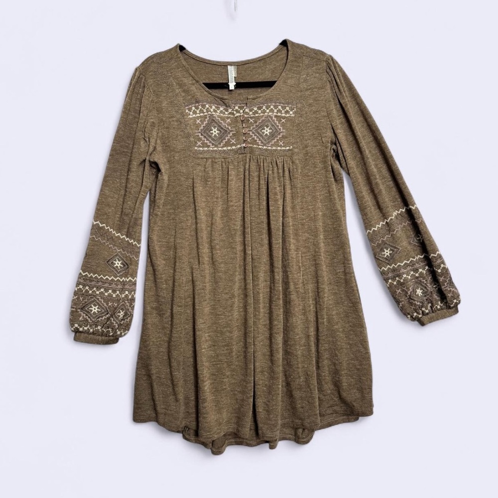 Monoreno S Brown Tunic Dress Boho Peasant‎ Hippie Cottagecore Embroidered Mini